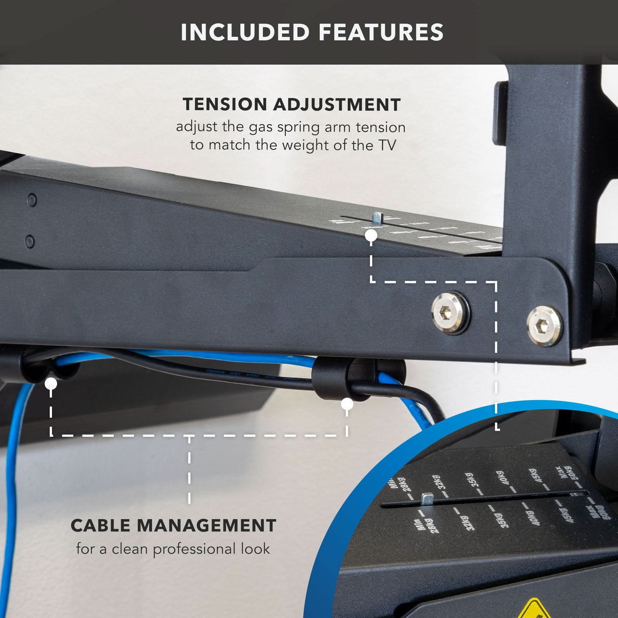 Close-up of the Mount-It! Pull Down Fireplace TV Mount featuring labeled tension adjustment for your TV's weight and cable management clips, with text and arrows highlighting these features for a tidy, professional setup.