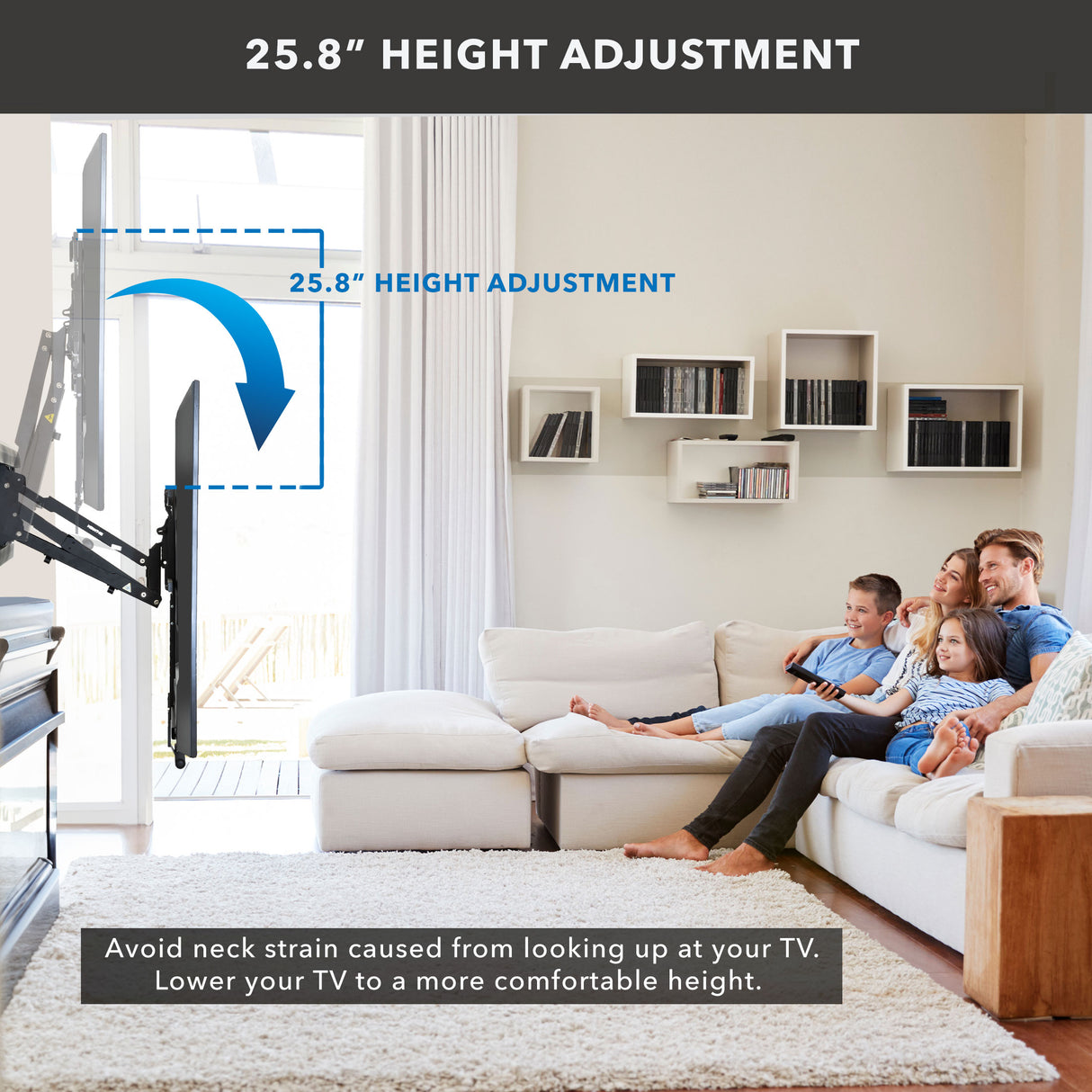 A family of four watches TV in a modern living room using the Mount-It! Pull Down Fireplace TV Mount, which features a 25.8-inch height adjustment for comfortable viewing—ideal for TVs mounted above the fireplace.