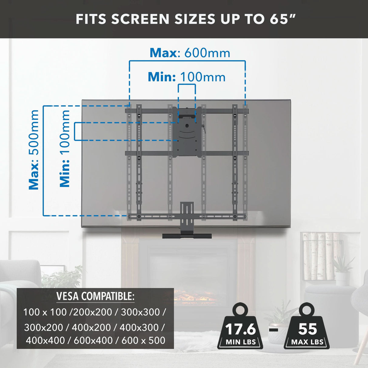 Diagram of the Mount-It! Pull Down Fireplace TV Mount, fitting TVs up to 65" with VESA 100x100mm to 600x400mm, supporting up to 55 lbs. Shown above a fireplace in a living room with shelf, books, and decor.