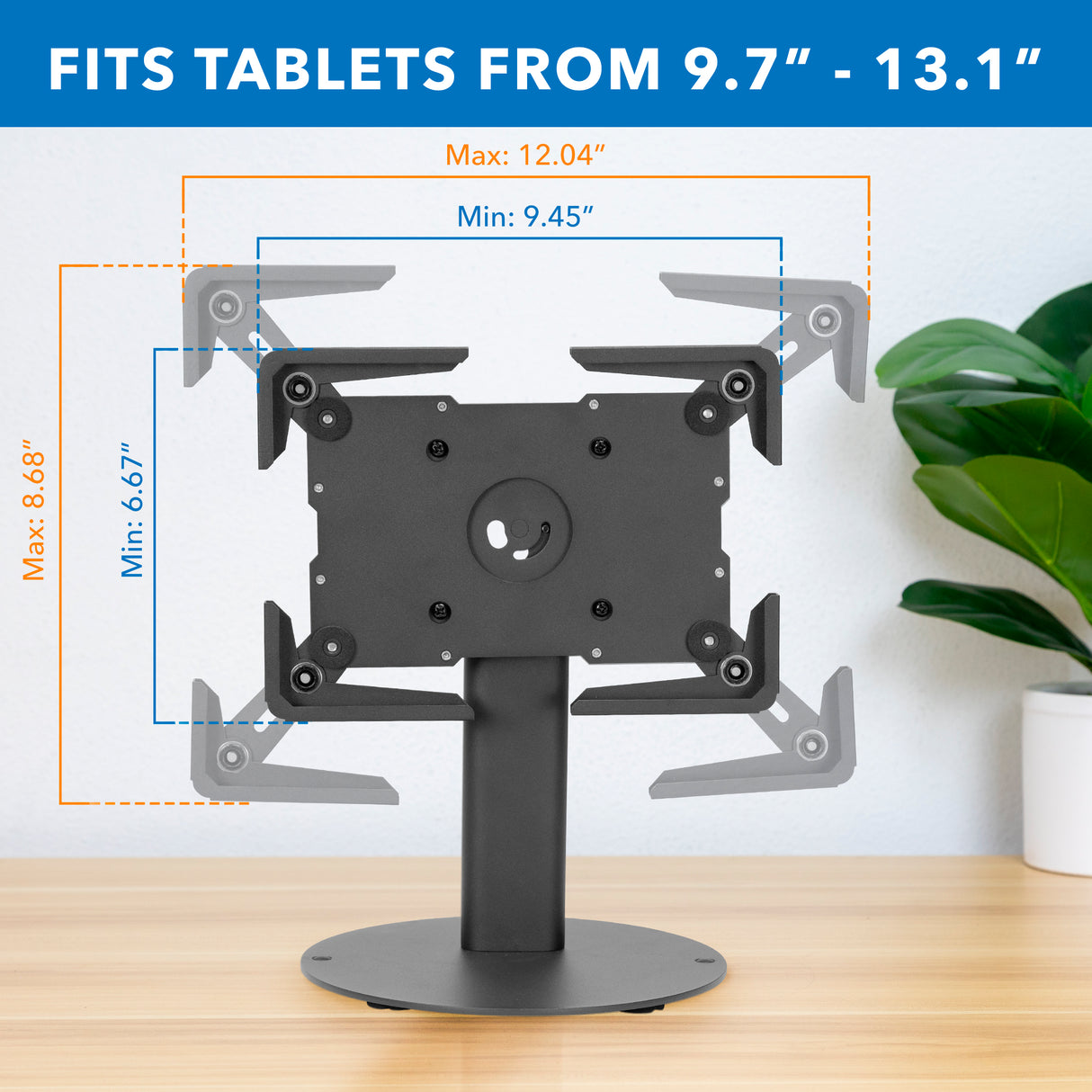 The Mount-It! Universal Tablet Countertop Stand with Tilt, in black, securely fits 9.7–13.1” tablets on a desk. Its adjustable, stable enclosure is shown against a blue wall with plants for a modern look.