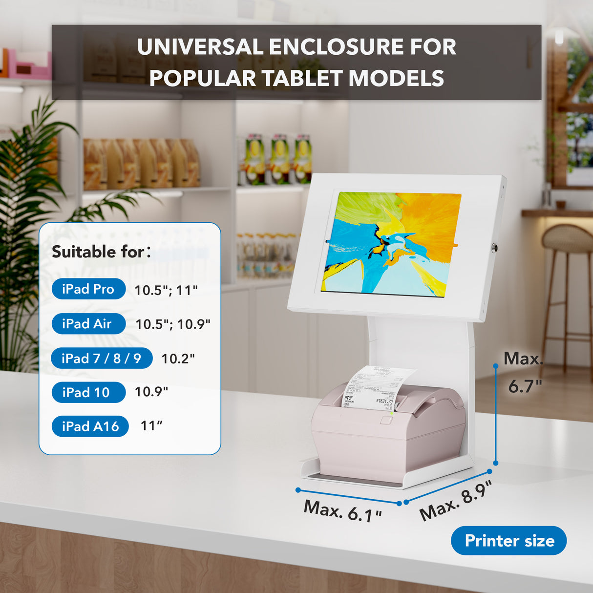 The Mount-It! Anti-Theft Tablet Kiosk with Printer Shelf is a lockable stand for compatible iPads, featuring a universal enclosure and a shelf that fits printers up to 6.1”W x 6.7”H x 8.9”D—ideal for modern stores.