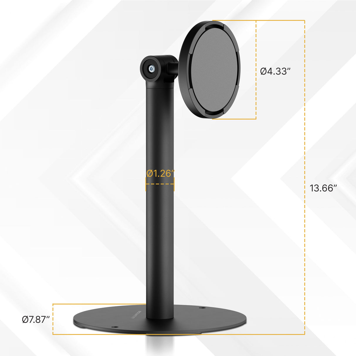 A sleek black Universal Anti-Theft Tablet Countertop Stand by Mount-It! featuring a round base measuring 7.87 inches in diameter, a vertical pole 13.66 inches tall and 1.26 inches thick, topped with a circular mounting plate 4.33 inches wide, designed to securely hold tablets while providing anti-theft protection in a professional, minimalist style.