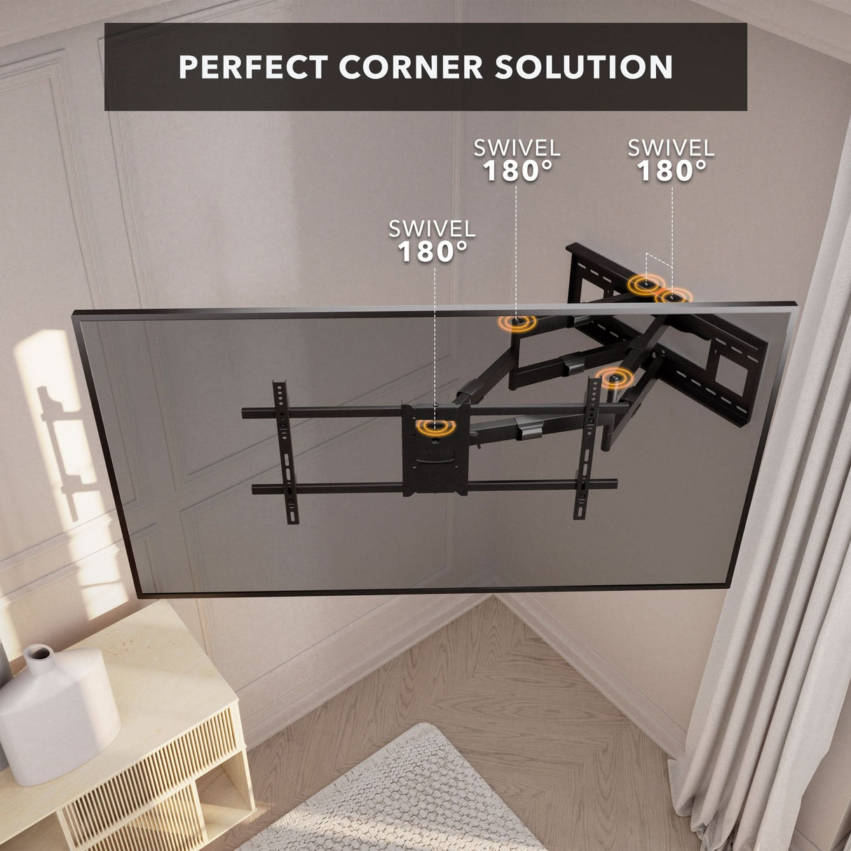 A Mount-It! Heavy Duty Dual Arm TV Wall Mount with Extra Long Extension supports a TV in the corner, with three joints each allowing 180° swivel. "Perfect Corner Solution" appears above the TV.