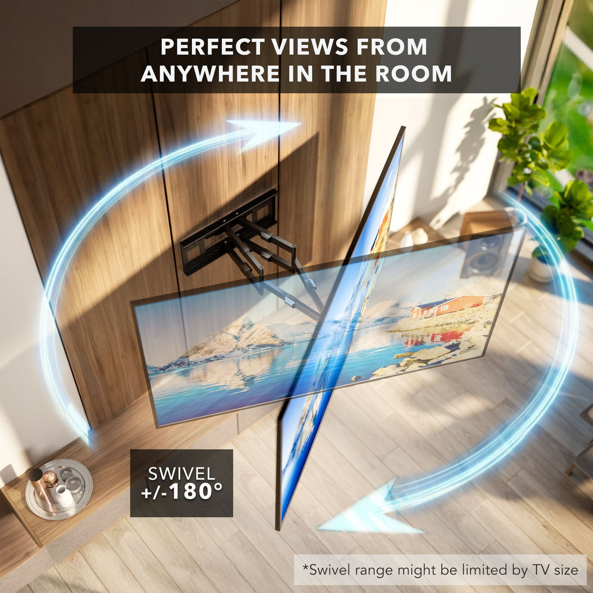 A TV on the Mount-It! Heavy Duty Dual Arm TV Wall Mount with Extra Long Extension is shown rotating (+/-180° swivel, blue arrows), with text: “Perfect views from anywhere in the room.” Note: Swivel range may vary by TV size.