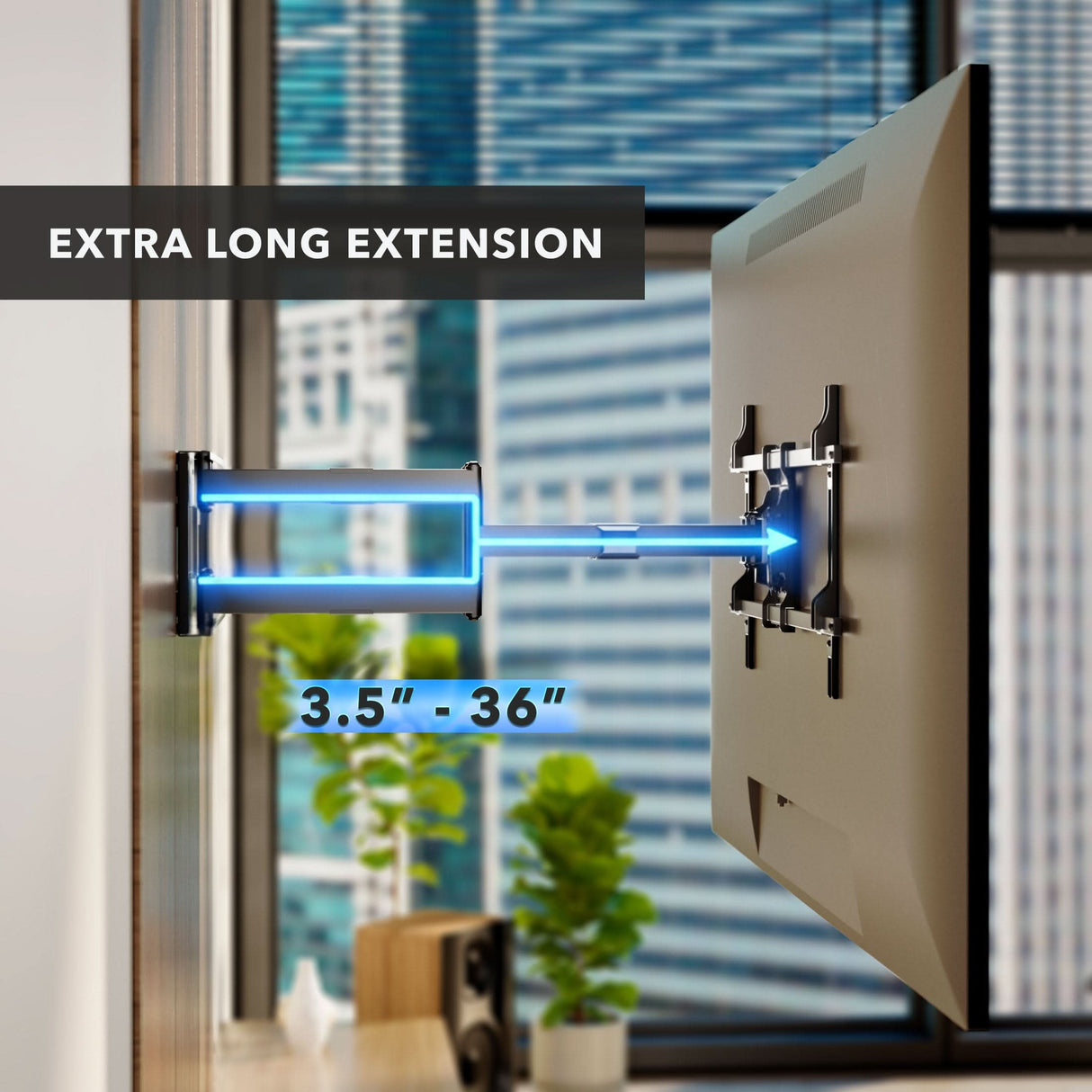 The Mount-It! Heavy Duty Dual Arm TV Wall Mount with Extra Long Extension lets you extend your flat-screen TV from 3.5 to 36 inches—perfect for positioning in front of windows to enjoy city views. Text: EXTRA LONG EXTENSION, 3.5 - 36.