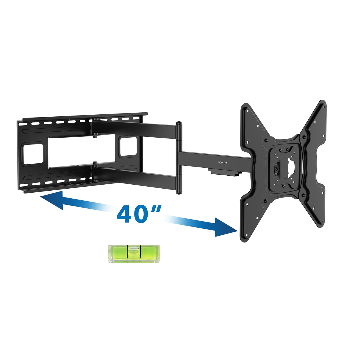 The Mount-It! Full Motion TV Wall Mount with Extra Long Extension extends to 40", perfect for large screens. A blue double-headed arrow shows extension length, and a green bubble level sits below the mount.