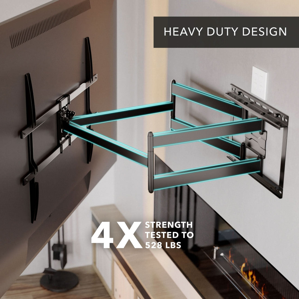 A Mount-It! Full Motion TV Wall Mount with Extra Long Extension secures a flat-screen TV above a modern fireplace. It’s heavy-duty, 4X strength tested to 528 lbs, and features extendable arm with swivel and tilt functionality.