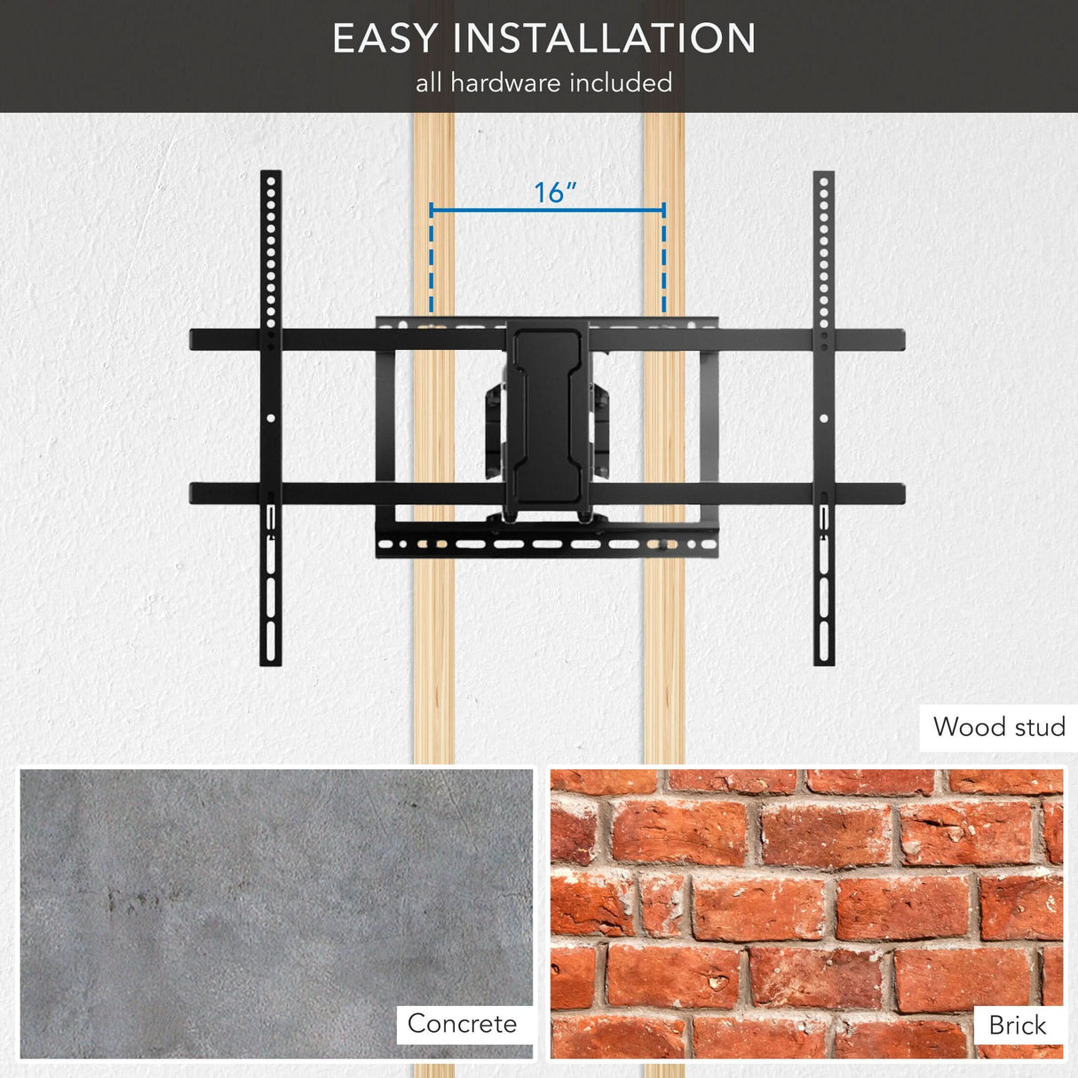 Diagram shows Mount-It! Full Motion TV Wall Mount with Extra Long Extension installed on wood studs (16-inch spacing), with concrete and brick as options. EASY INSTALLATION – all hardware included.