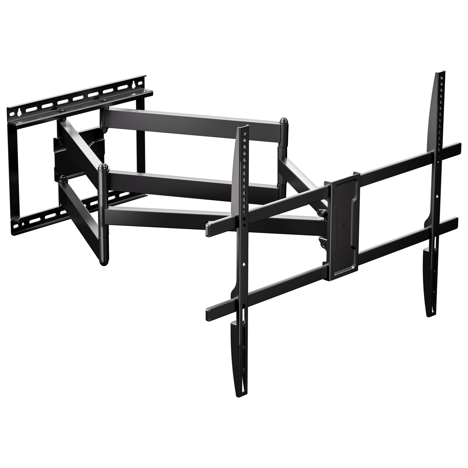 Full Motion TV Wall Mount with Extra Long Extension designed for 43 to 100 inch TVs, featuring heavy-duty steel construction with dual arms for stability, a 42.5 inch extension for versatile placement, VESA compatibility up to 800x600, and post-install leveling for precise adjustment, providing a secure and flexible mounting solution with a sleek retractable design.