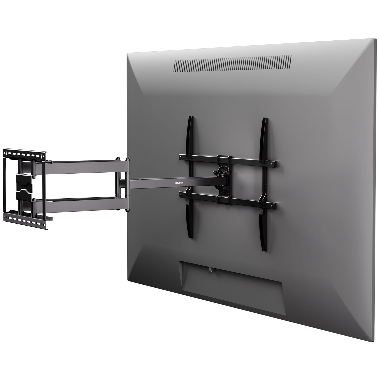 Full Motion TV Wall Mount with Extra Long Extension for 43" - 100" TVs shown installed on a large flat-screen television, featuring a heavy-duty steel dual arm design that extends outward for versatile viewing angles while securely supporting the TV, demonstrating the mount’s capability for long extension and flexible positioning in a sleek, professional setup.