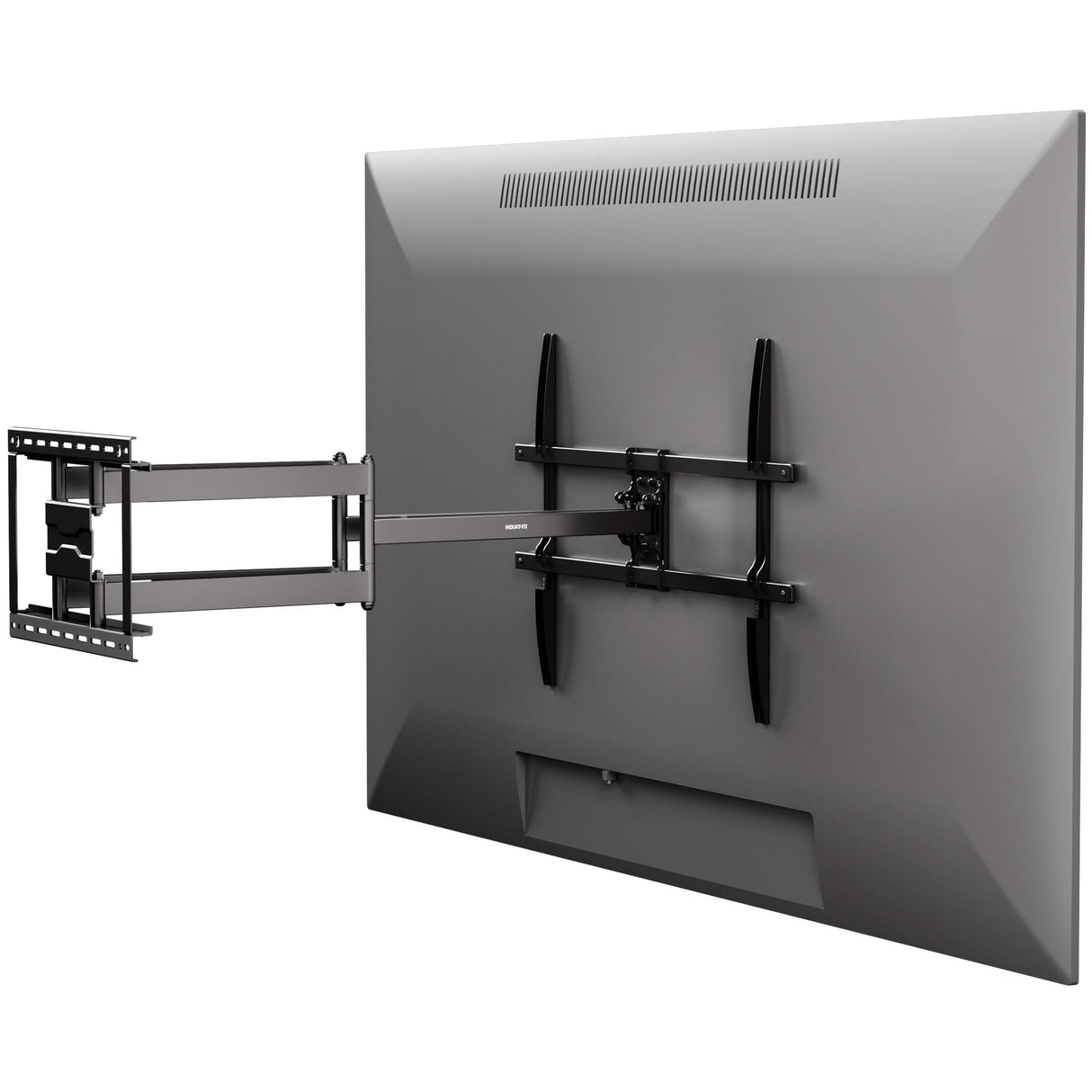 A Mount-It! Full Motion TV Wall Mount with Extra Long Extension supports a flat-screen TV, shown mounted on a wall from the back with the arm fully extended to the side.