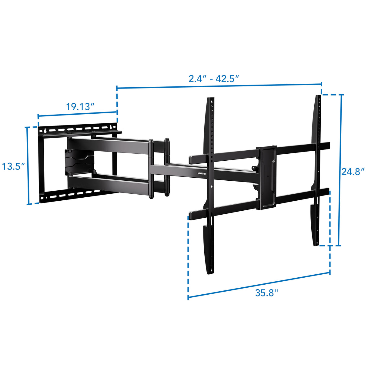 Full Motion TV Wall Mount with Extra Long Extension for 43" - 100" TVs Full Motion TV Wall Mount with Extra Long Extension designed for 43" to 100" TVs, showing detailed measurements including 42.5" extension, 19.13" base depth, 24.8" height, and 35.8" width. Heavy-duty steel construction with dual arms supports large screens, allowing swivel, tilt, and retractable positioning for perfect viewing angles in any room. Professional, sturdy design for secure mounting.