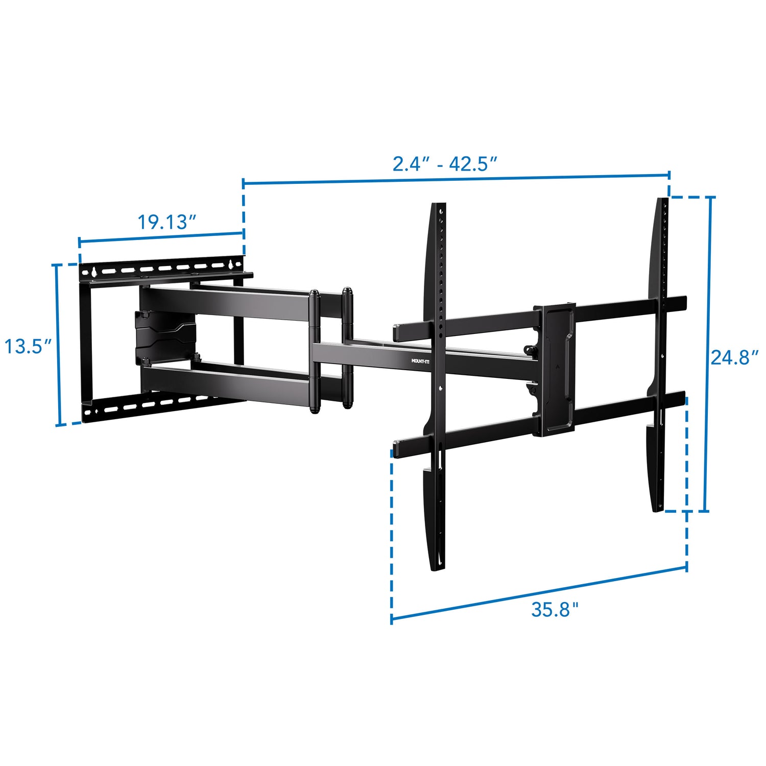Full Motion TV Wall Mount with Extra Long Extension designed for 43" to 100" TVs, showing detailed measurements including 42.5" extension, 19.13" base depth, 24.8" height, and 35.8" width. Heavy-duty steel construction with dual arms supports large screens, allowing swivel, tilt, and retractable positioning for perfect viewing angles in any room. Professional, sturdy design for secure mounting.