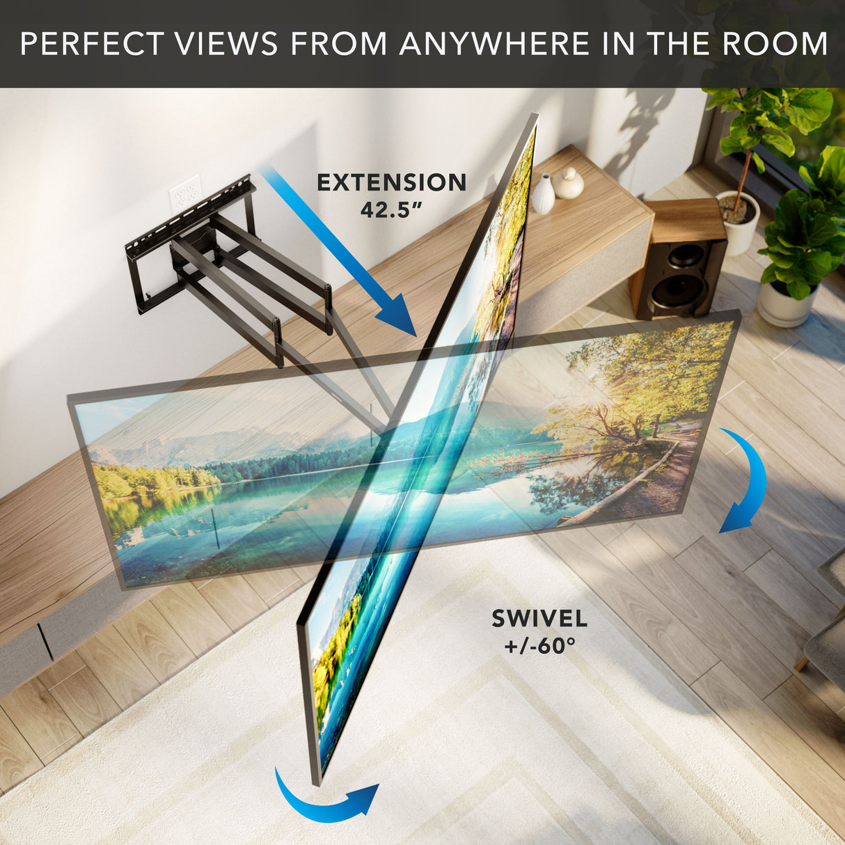 Full Motion TV Wall Mount with Extra Long Extension for 43" - 100" TVs Full Motion TV Wall Mount with Extra Long Extension for 43" - 100" TVs showing a metal dual-arm mount extending 42.5 inches from the wall, demonstrating swivel motion of plus or minus 60 degrees, installed in a modern living room with wood flooring and furniture, illustrating flexible viewing angles and space-saving design.