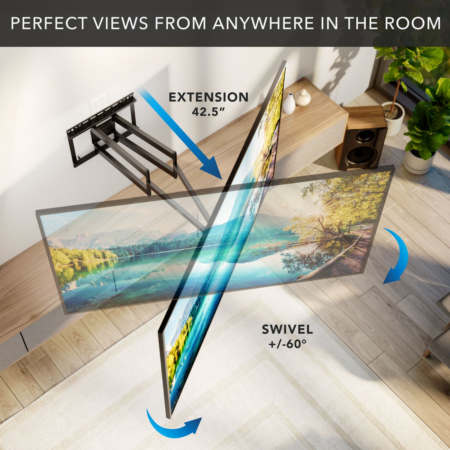 Full Motion TV Wall Mount with Extra Long Extension for 43" - 100" TVs showing a metal dual-arm mount extending 42.5 inches from the wall, demonstrating swivel motion of plus or minus 60 degrees, installed in a modern living room with wood flooring and furniture, illustrating flexible viewing angles and space-saving design.