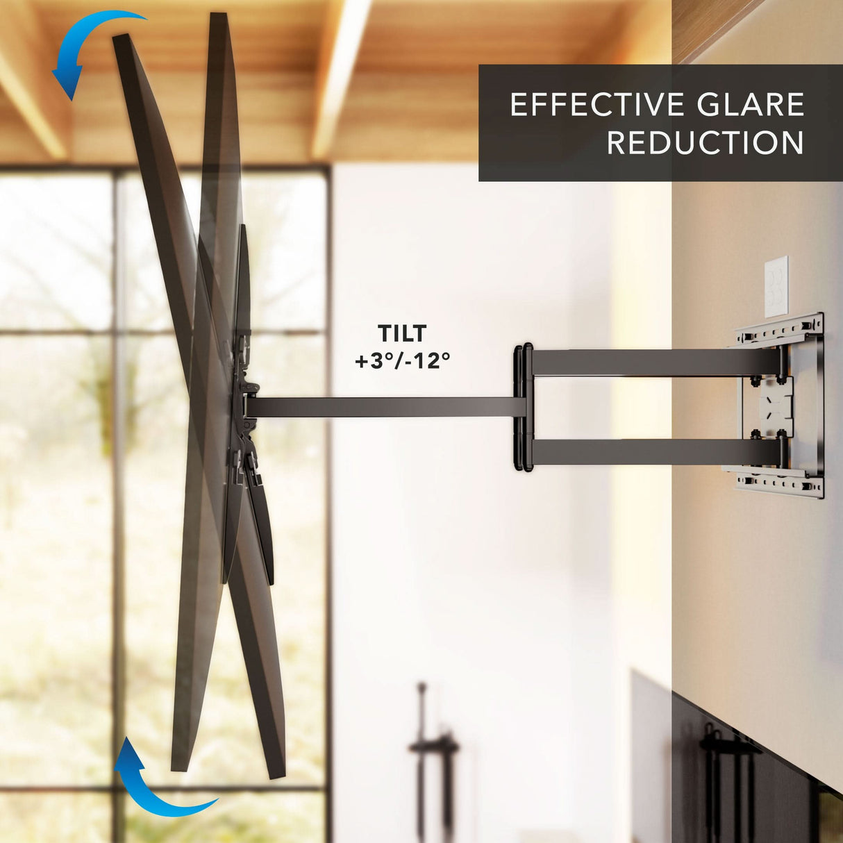 The Mount-It! Full Motion TV Wall Mount with Extra Long Extension holds a flat-screen TV, tilting +3° up and -12° down for effective glare reduction. A modern room is shown in the background.