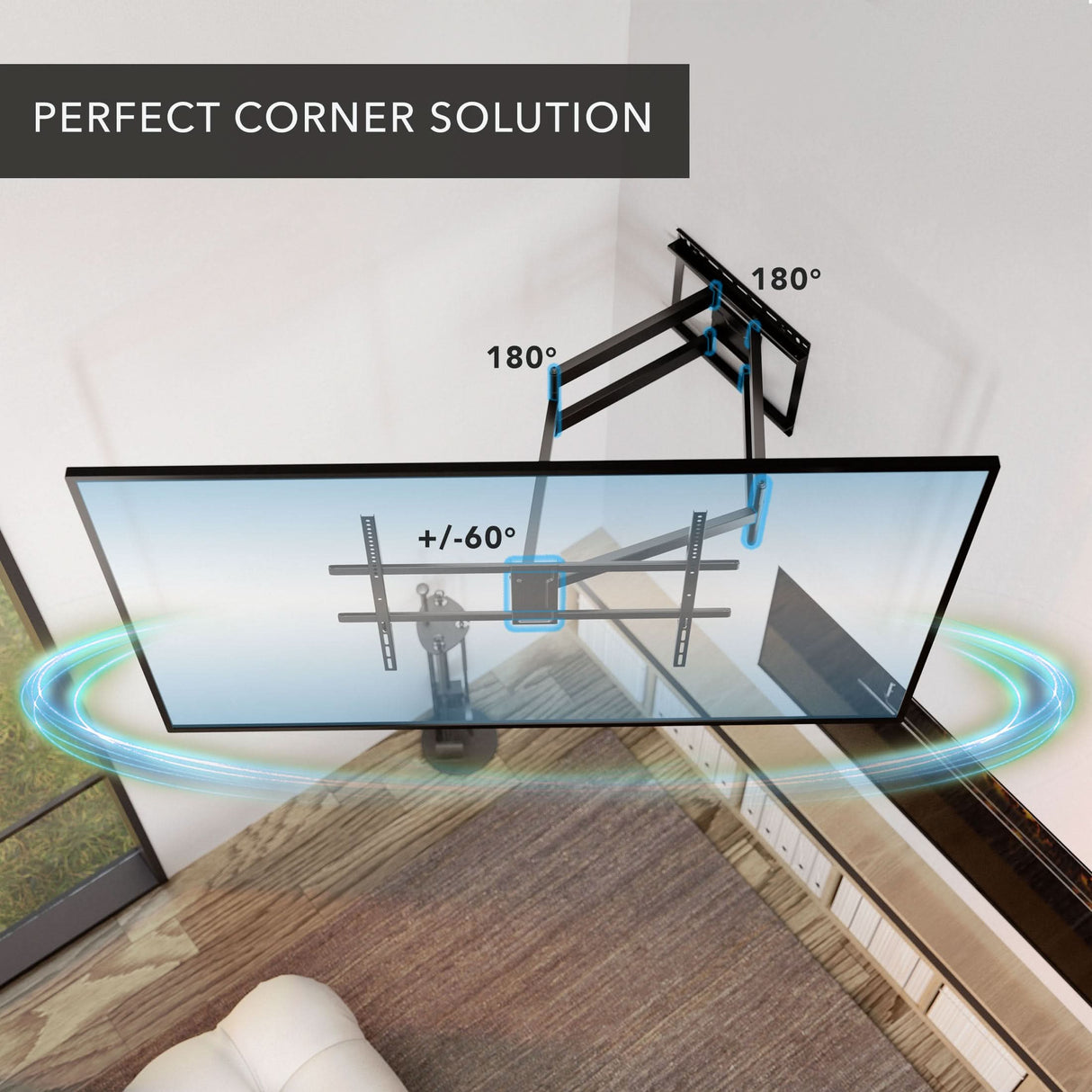 A Mount-It! Full Motion TV Wall Mount with Extra Long Extension is wall-mounted in a living room corner, showing its 180° swivel and +/-60° rotation. Text: Perfect Corner Solution. Top-down view highlights space-saving design.
