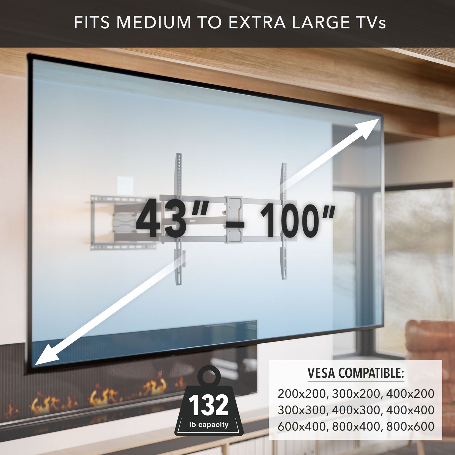 Full Motion TV Wall Mount with Extra Long Extension supports medium to extra-large TVs from 43 to 100 inches, featuring a heavy-duty steel design with 132 lb capacity, compatible with VESA patterns up to 800x600, ideal for secure, adjustable mounting in any room.