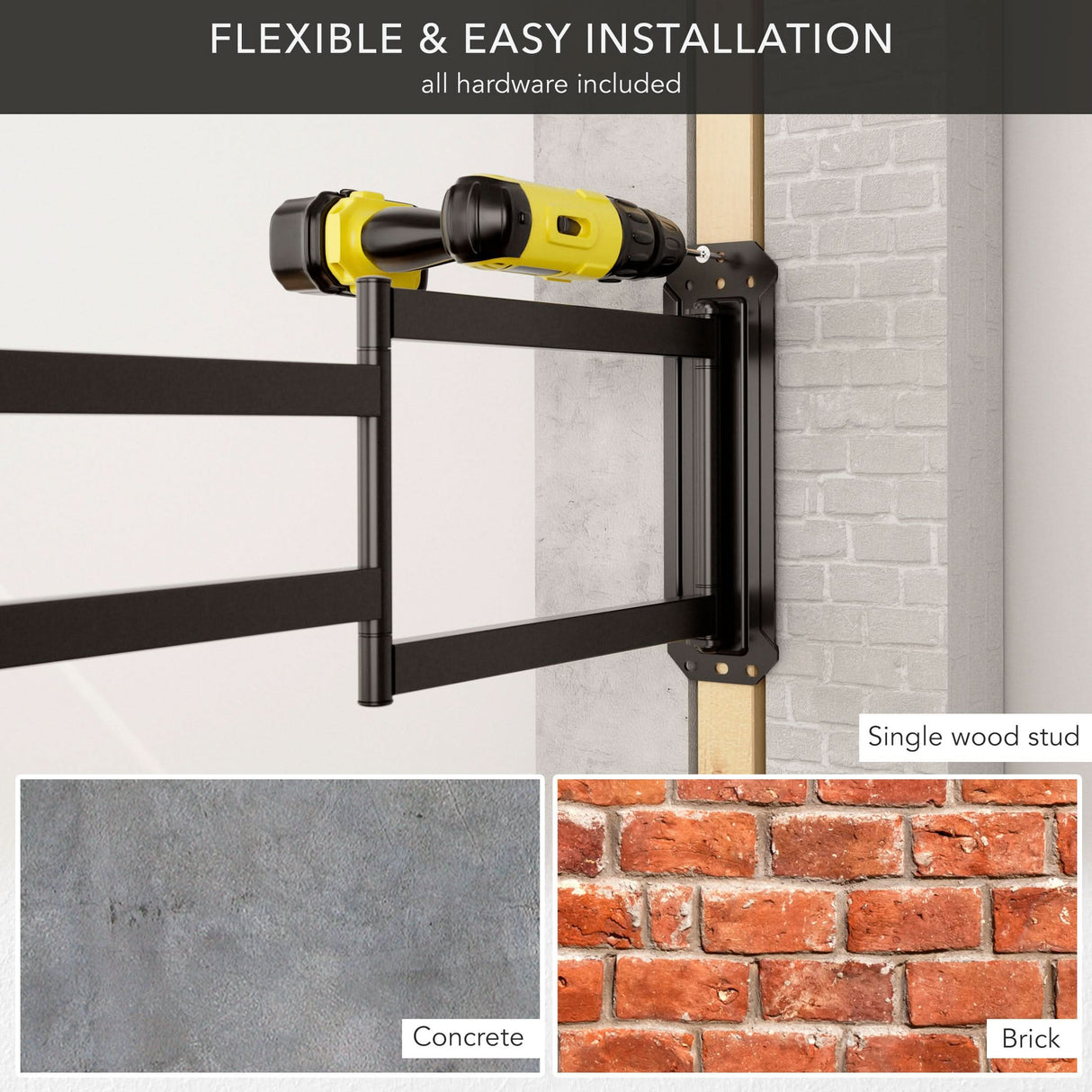 Mount-It! Full Motion TV Wall Mount with Extra Long Extension being installed on a wooden stud with a drill. Inset images show mounting options on concrete and brick. Text: Flexible & Easy Installation, all hardware included.