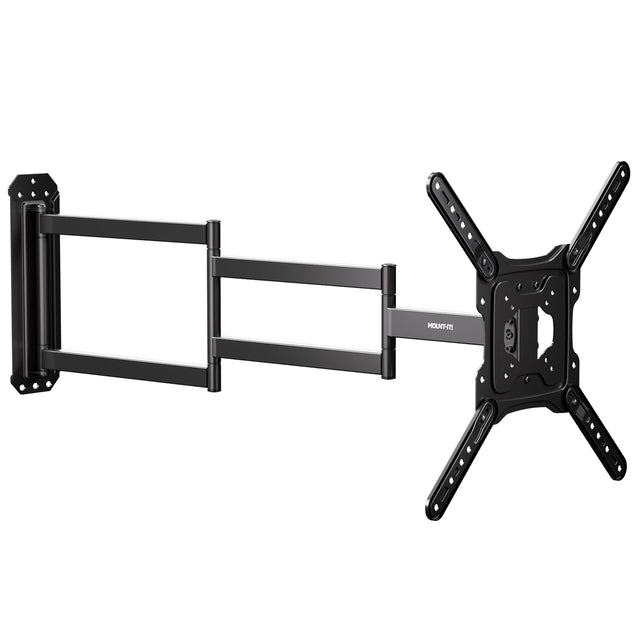 Full Motion TV Wall Mount with Extra Long Extension designed for 23 to 65 inch TVs, featuring a durable steel construction with a 37.2 inch extension arm, allowing smooth swivel, tilt, and level adjustments for optimal viewing angles. Suitable for corner mounting and compatible with various VESA patterns, enabling secure and flexible installation on single wood studs or solid walls, enhancing comfort and reducing glare.