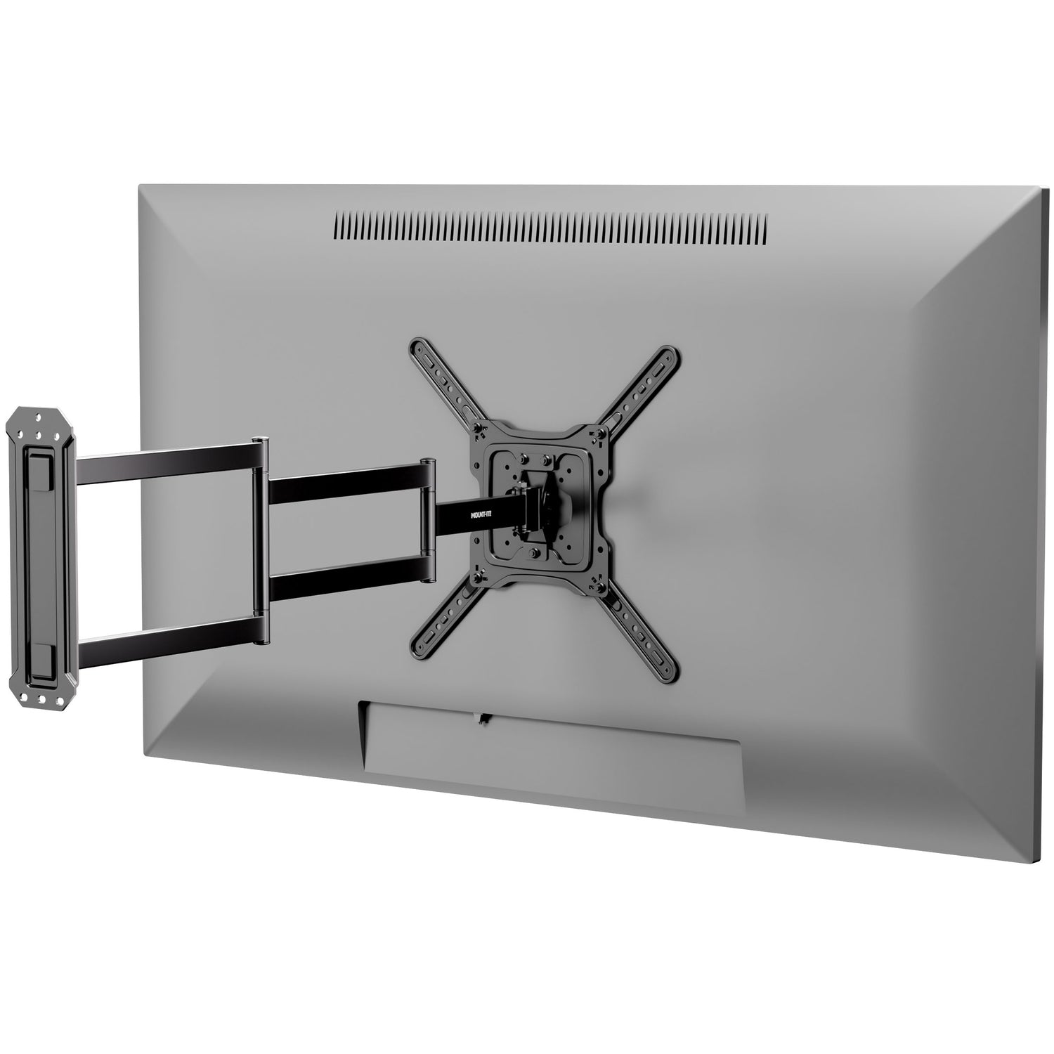 Full Motion TV Wall Mount with Extra Long Extension for 23"-65" TVs shown mounted on the back of a flat screen, featuring a robust steel arm extended to maximum length with multi-joint design for smooth tilt, swivel, and rotation adjustments, ideal for corner mounting and flexible viewing positions in a room.