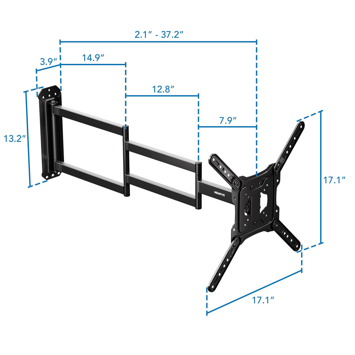 The Mount-It! Full Motion TV Wall Mount with Extra Long Extension is shown in black, extended with adjustable arms. Blue lines show dimensions: 2.1–37.2" wide, 3.9", 14.9", 12.8", 7.9", and 13.2" high, plus a 17.1" mounting plate width.