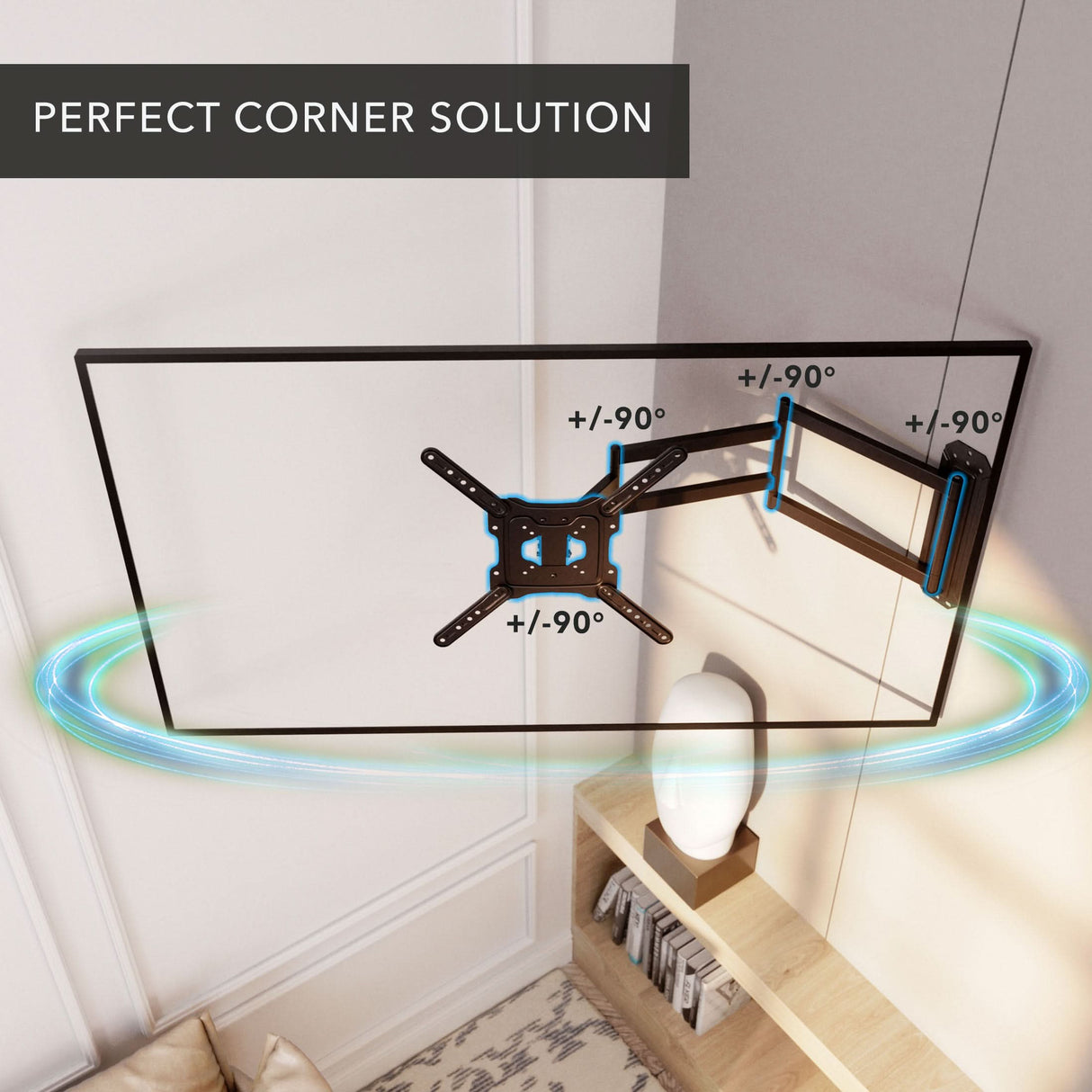 The Mount-It! Full Motion TV Wall Mount with Extra Long Extension is installed on a corner wall, showing versatile angle options and the text “Perfect Corner Solution” above, with a lamp and bookshelves positioned below the TV.