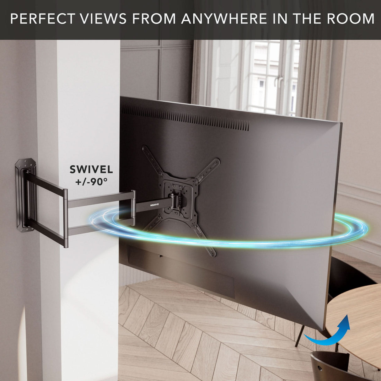 The Mount-It! Full Motion TV Wall Mount with Extra Long Extension swivels on an adjustable arm, rotating up to 90° for perfect views from anywhere in the room. An arrow highlights its wide swivel range.