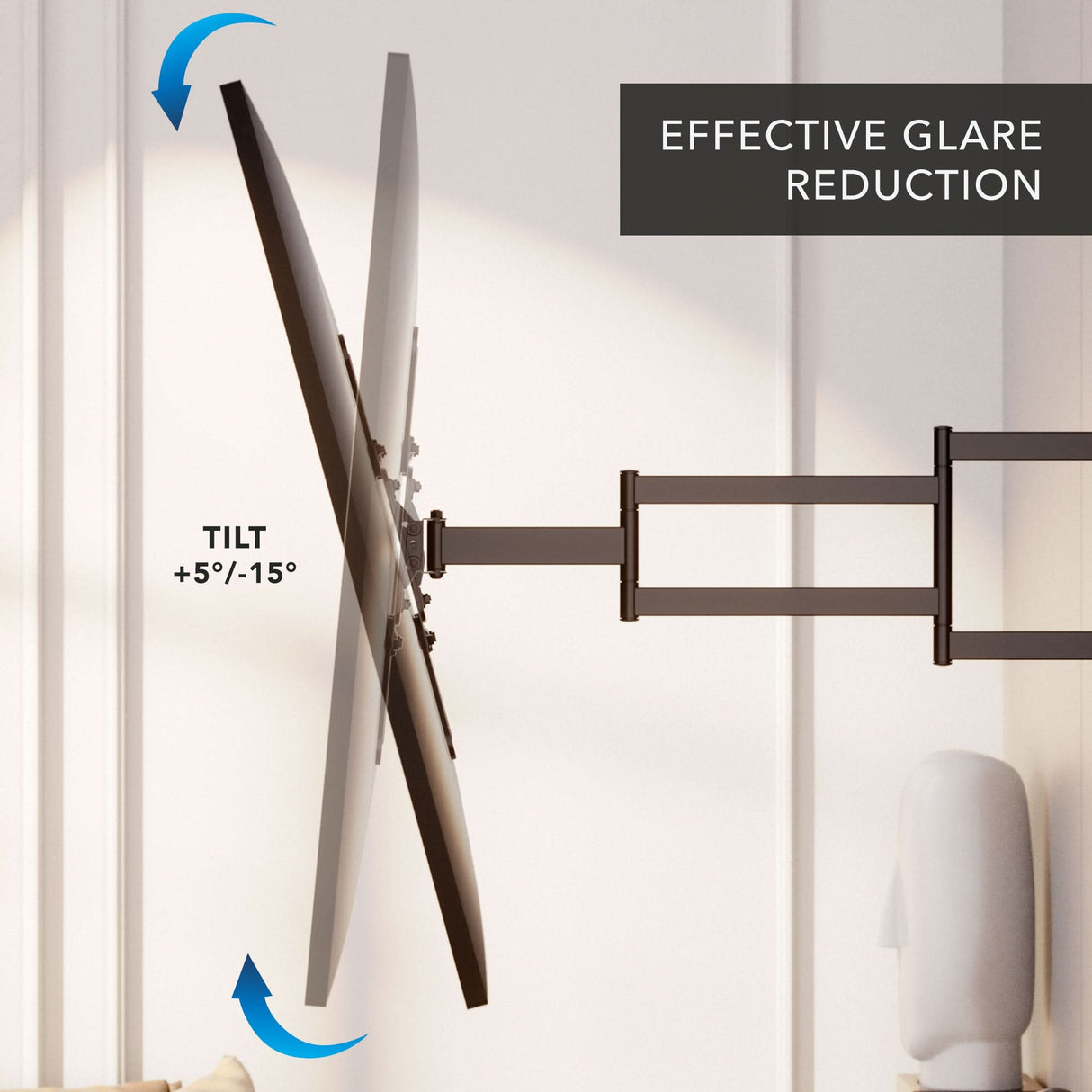 The Mount-It! Full Motion TV Wall Mount with Extra Long Extension tilts +5° to -15°, helping reduce glare. Ideal for corners, it features an "Effective Glare Reduction" label in the top right corner.