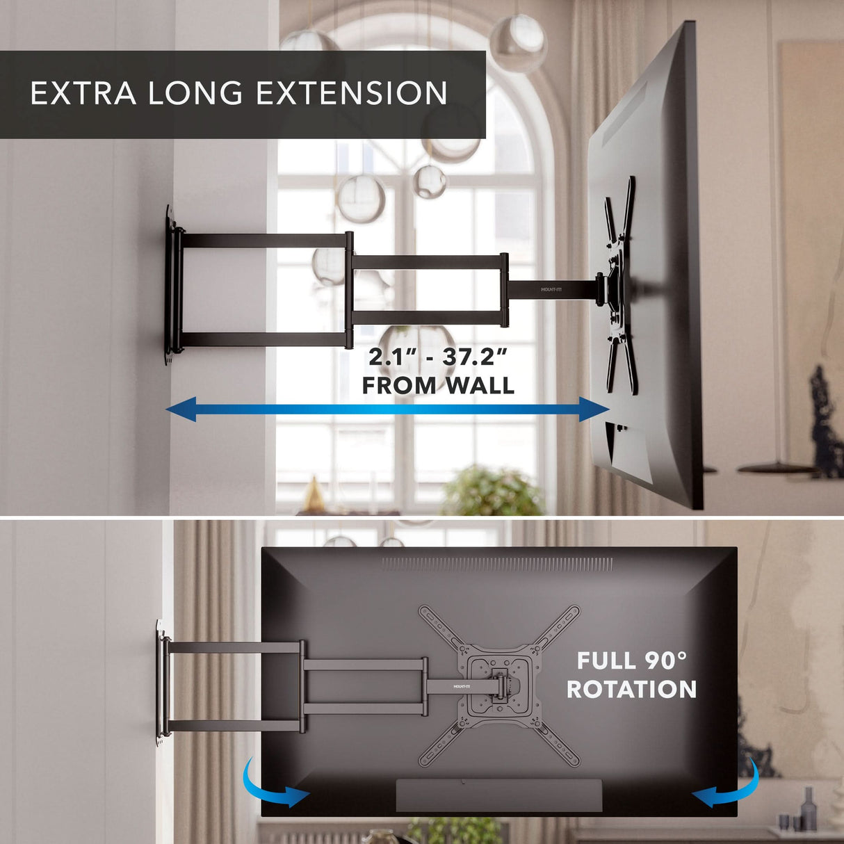 The Mount-It! Full Motion TV Wall Mount with Extra Long Extension extends from 2.1" to 37.2" and rotates a full 90°, ideal for corner mounting, shown in a stylish living room with hanging lights and large windows.