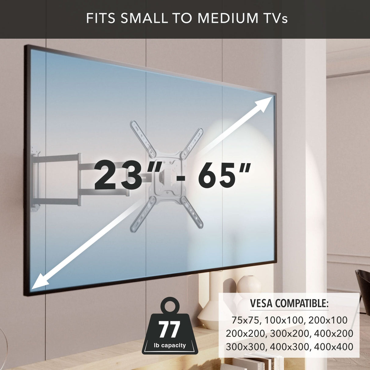 Mount-It! Full Motion TV Wall Mount with Extra Long Extension fits small to medium TVs (23"–65"), supports VESA 75x75–400x400, holds up to 77 lbs, and offers full motion—ideal for living rooms or corner mounting.