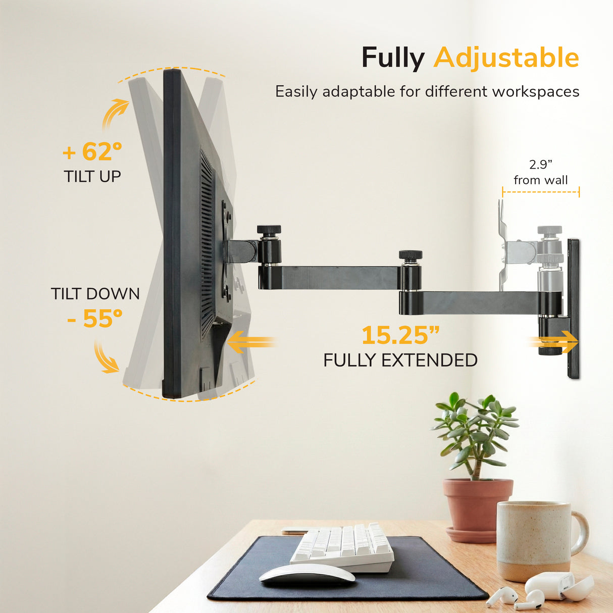 The Mount-It! Full Motion Display Wall Mount holds your screen on a fully adjustable arm above a desk, offering +62°/-55° tilt, 15.25" extension, and sits just 2.9" from the wall with VESA mount compatibility.