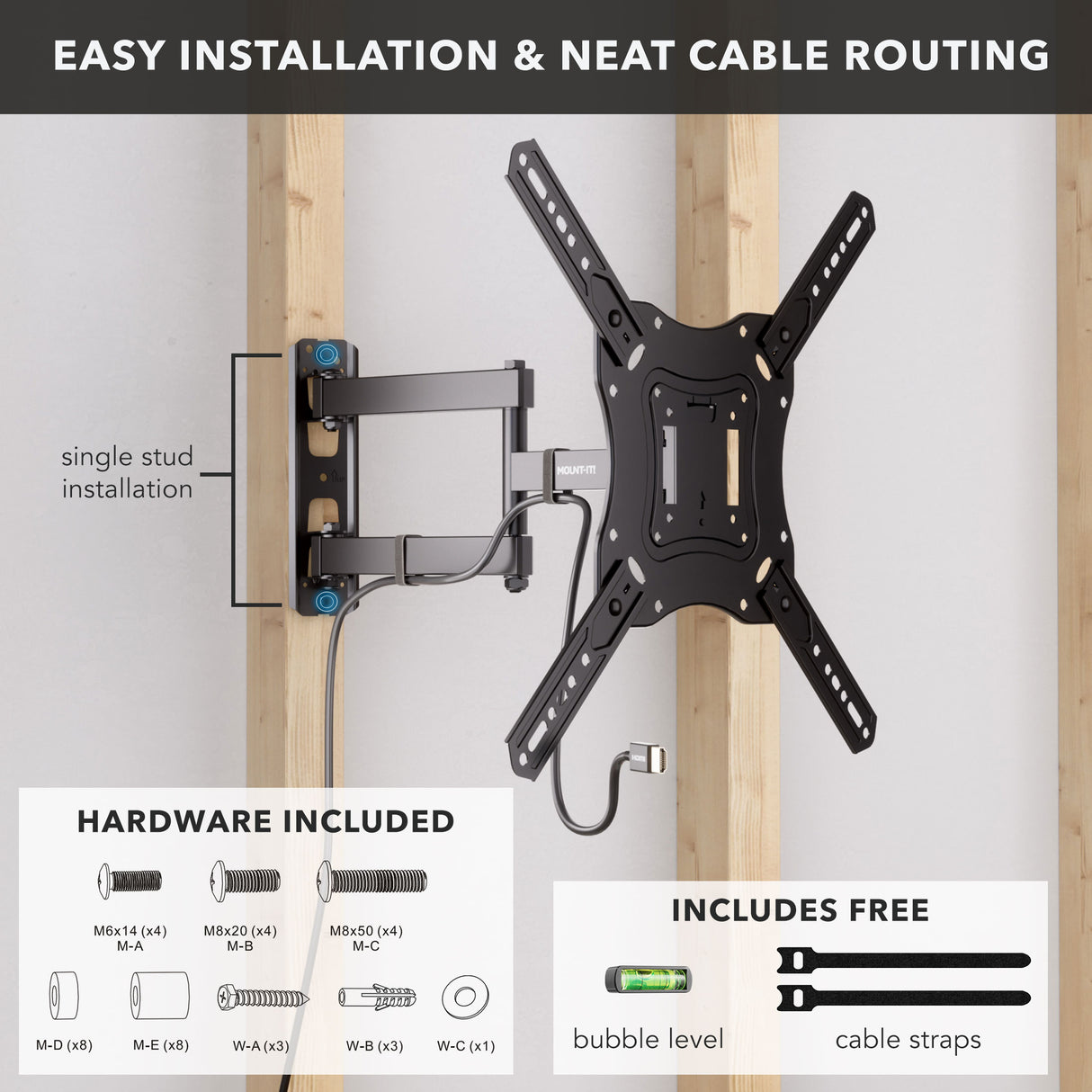 The Mount-It! Full Motion TV Wall Mount installs on a single stud with tilt adjustment, includes a bubble level, cable straps for tidy cable management, and comes with all necessary hardware. Cable routing is displayed for easy installation.