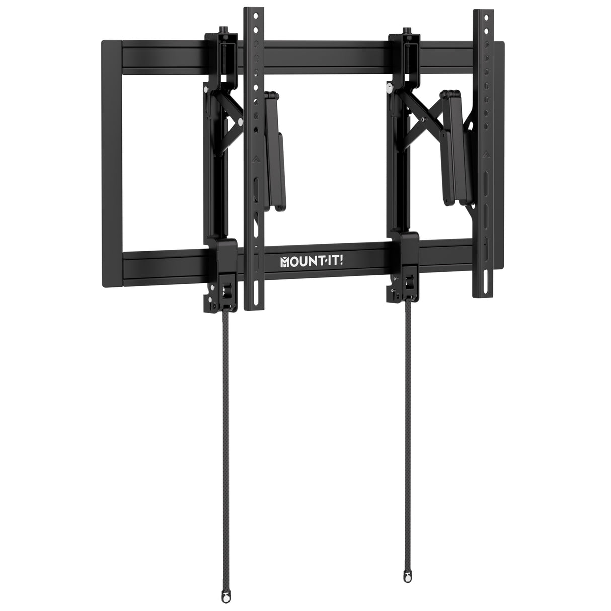 The Mount-It! Heavy-Duty Advanced Tilt TV Wall Mount in black features adjustable arms, vertical rails, and two pull cords for easy adjustment or removal. The brand logo appears at the center of this sturdy steel bracket.