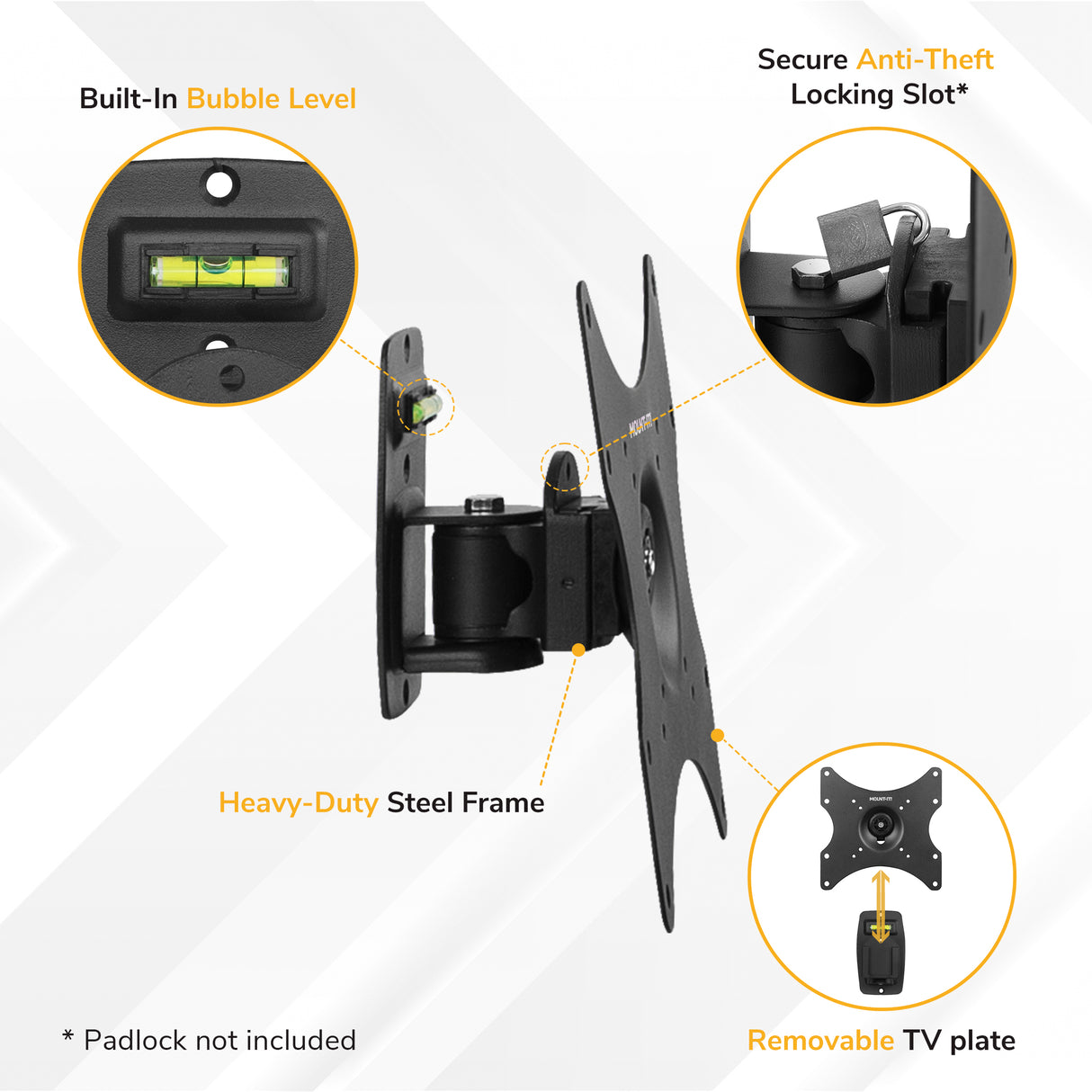 The Mount-It! Anti-Theft Full Motion TV Wall Mount features a built-in bubble level, anti-theft locking slot (padlock not included), heavy-duty steel frame, and removable TV plate. Close-up insets show each feature.
