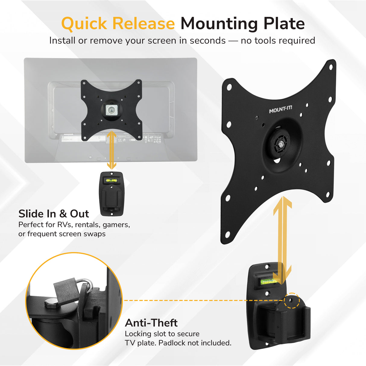 Diagram of Mount-It! Anti-Theft Full Motion TV Wall Mount in black shows installation steps, slide-in screen removal, and anti-theft slot. Text highlights convenience and security of this VESA-compatible mount.