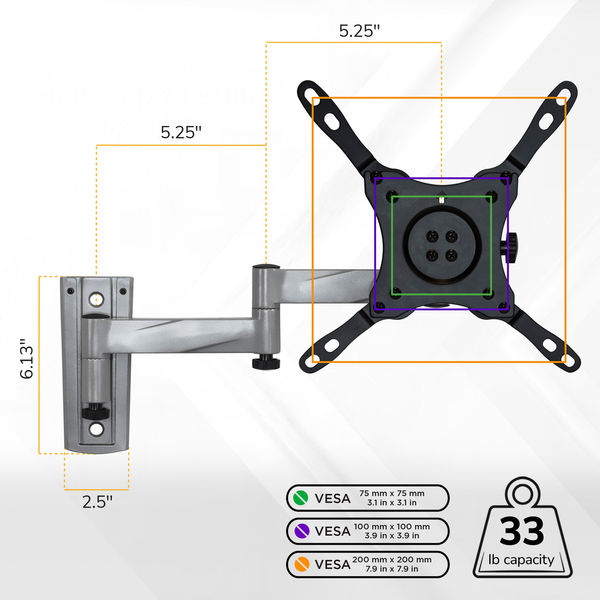 The Mount-It! Full Motion Lockable RV and Trailer TV Mount features a wall-mounted adjustable arm (6.13" tall, 5.25" extension, 2.5" base), supports VESA up to 200x200mm, holds up to 33 lbs, and is ideal for TVs in RVs or trailers.