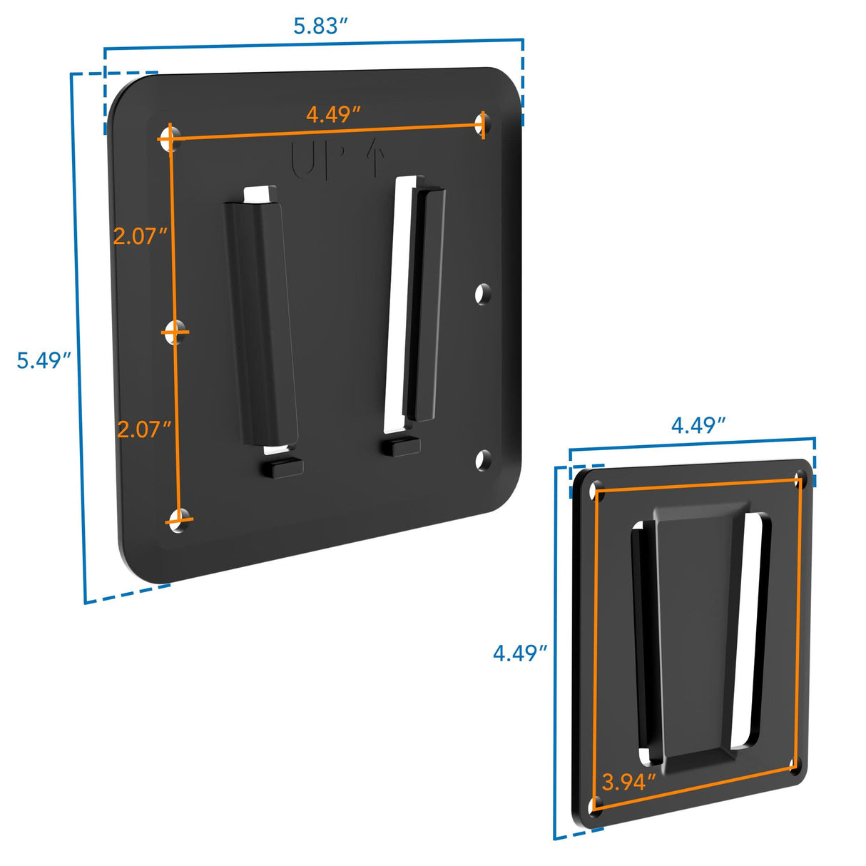 The Mount-It! Anti-Rust RV TV Wall Mount features a black square design with two vertical slots and support bars, measures 5.83" x 5.49", slot section is 4.49" x 3.94", with orange and blue measurement lines for easy installation.