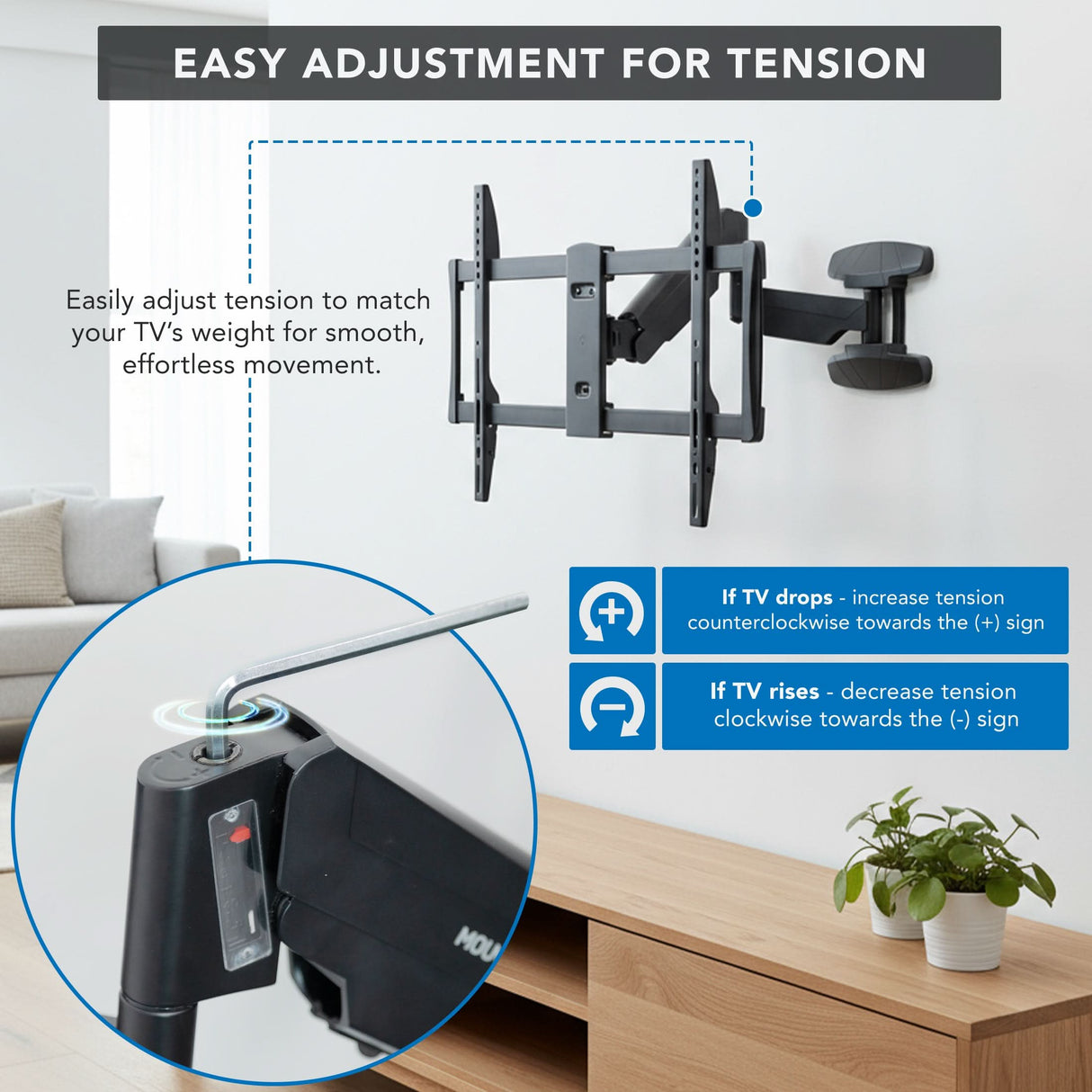 The Mount-It! Full Motion TV Wall Mount with Gas Spring Arm is shown with a close-up of tension adjustment; turn the hex key counterclockwise to increase gas spring tension if the TV drops, or clockwise if it rises.