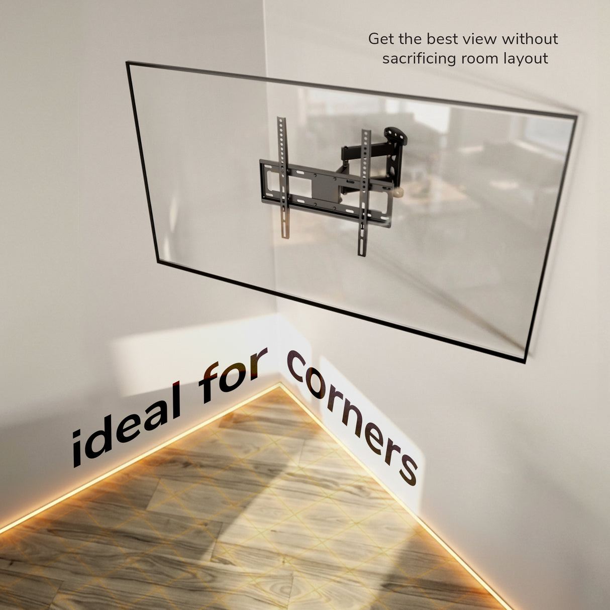 A Mount-It! Full Motion Corner TV Wall Mount holds a flat-screen in a modern room with wood flooring and LED lighting. Text reads: Save space and get the best view—Mount-It! is perfect for corners.