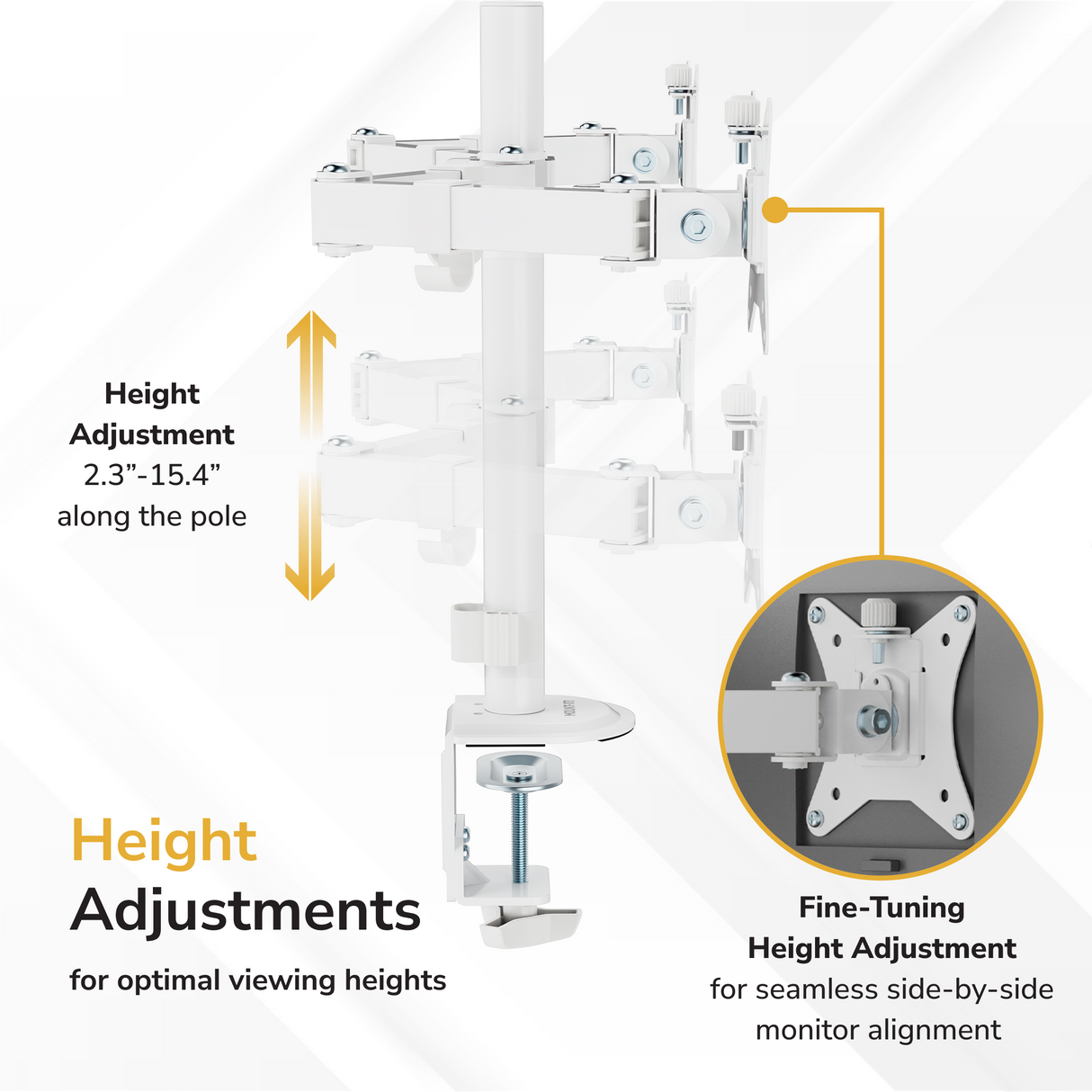 Diagram illustrating the Mount-It! Full Motion Dual Monitor Desk Mount, featuring height adjustment from 2.3" to 15.4" along the pole and ergonomic screen positioning, with labeled arrows highlighting seamless side-by-side alignment.