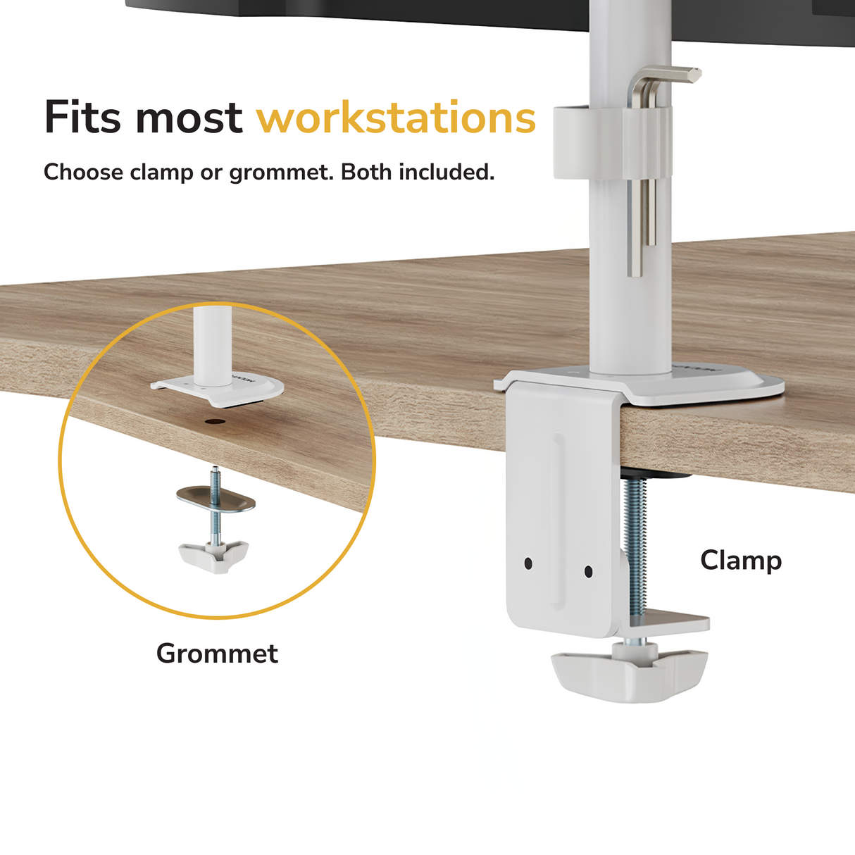 A white Mount-It! Full Motion Dual Monitor Desk Mount on a wooden desk with clamp, and inset showing grommet option. Text: Fits most workstations—choose clamp or grommet for ergonomic screen placement. Both included.