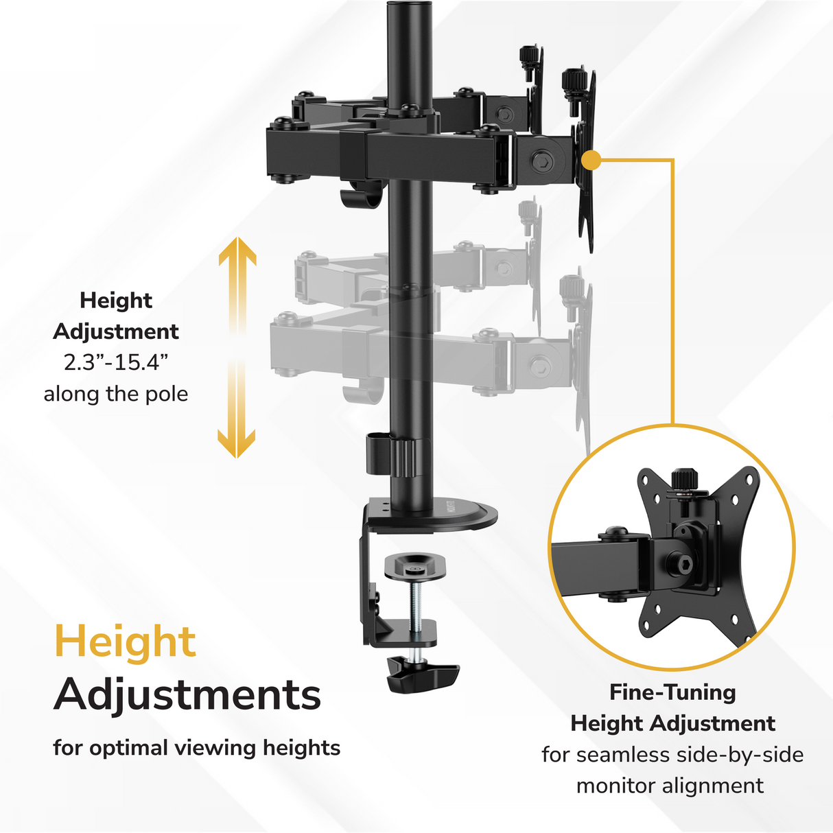 Diagram illustrates the Mount-It! Full Motion Dual Monitor Desk Mount, featuring adjustable height from 2.3" to 15.4" on the pole, clamp mount, and precise ergonomic positioning for side-by-side monitors and optimal viewing.