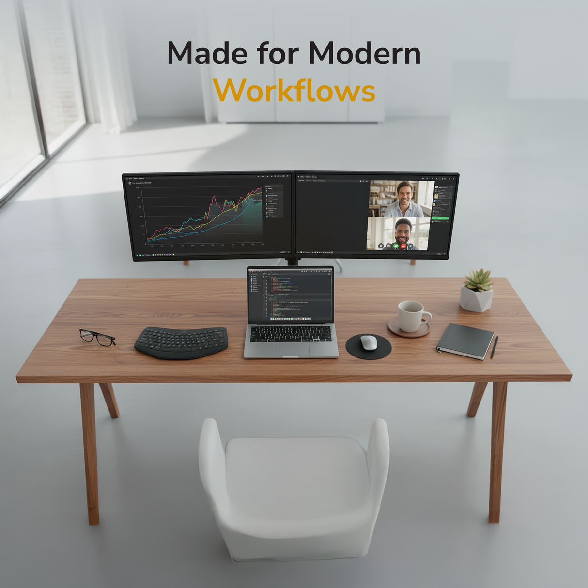 A modern desk with the Mount-It! Full Motion Dual Monitor Desk Mount for ergonomic screen placement, showing a graph and video call; laptop with code, wireless keyboard, mouse, smartphone, tablet, notebook, pen; “Made for Modern Workflows” above.