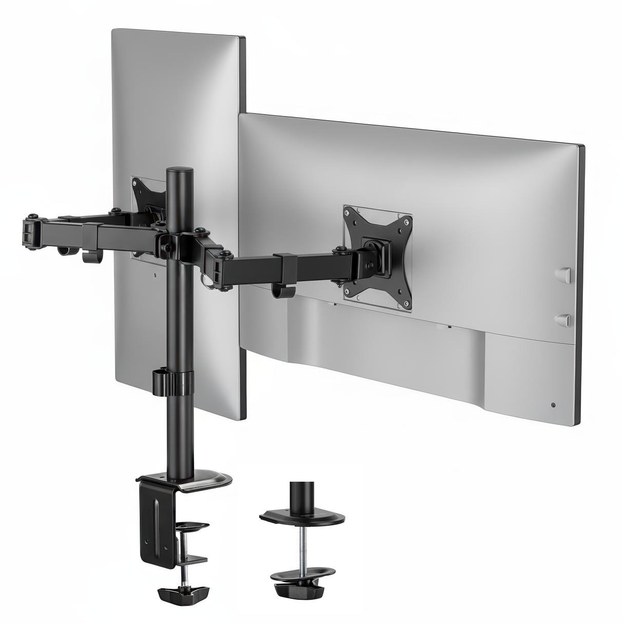 The Mount-It! Full Motion Dual Monitor Desk Mount in black features adjustable arms for ergonomic positioning, securely clamping to the desk edge and holding two flat-screen monitors in landscape orientation.
