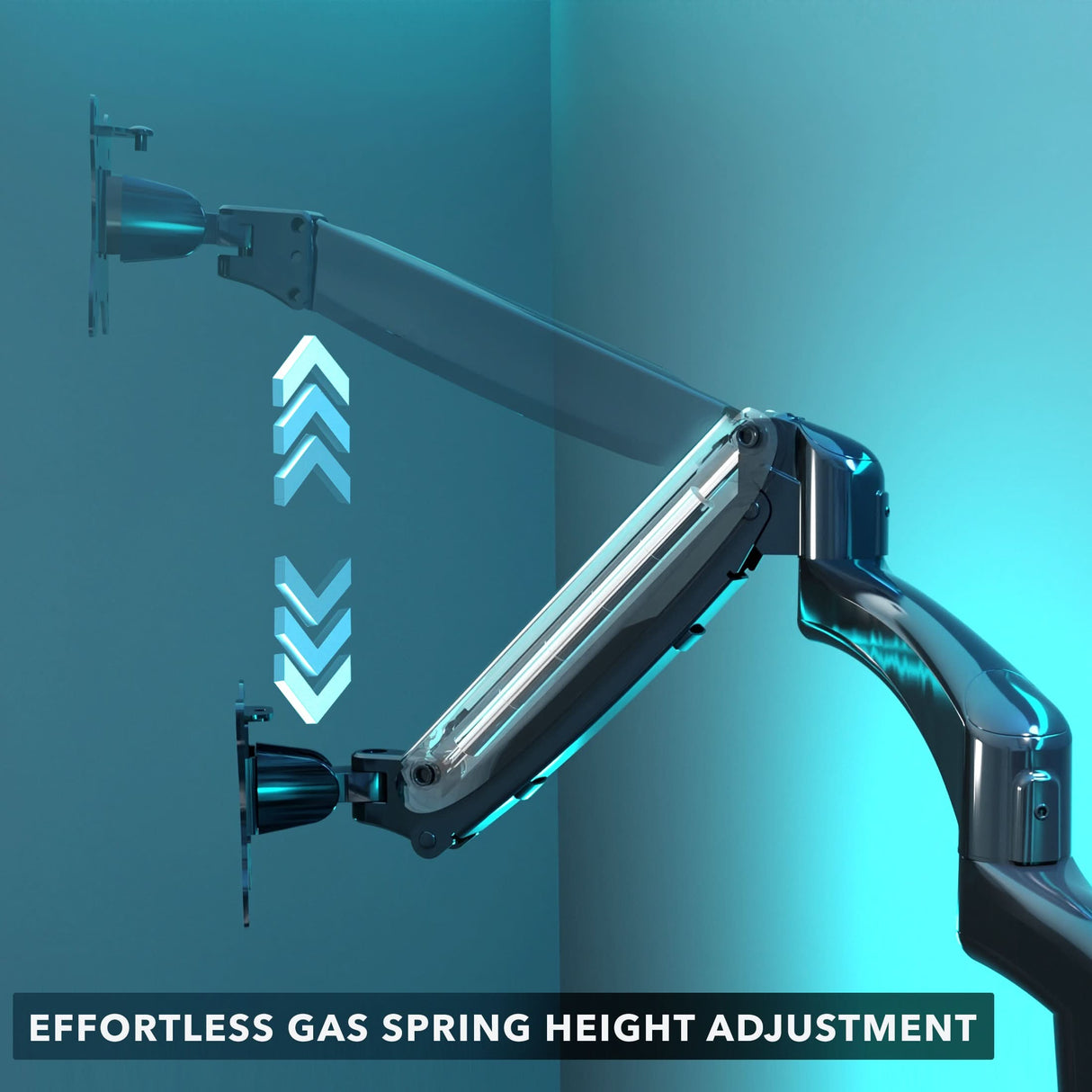Close-up view of the gas spring arm mechanism on the Triple Monitor Mount with Gas Spring Arms, illustrating smooth and effortless height adjustment capability with arrows indicating vertical movement, showcasing the durable metal construction and advanced engineering for ergonomic monitor positioning.