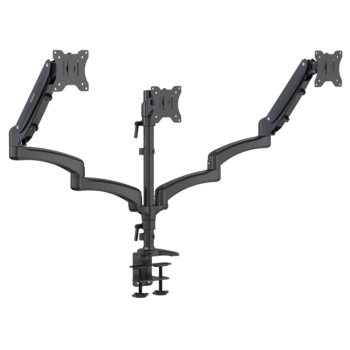 Triple Monitor Mount with Gas Spring Arms in black, designed to hold three monitors side by side with adjustable height, tilt, swivel, and rotation features. Constructed from durable steel with a sturdy clamp-on base for secure attachment to most desks, offering a clean and ergonomic workspace solution for home or office use.