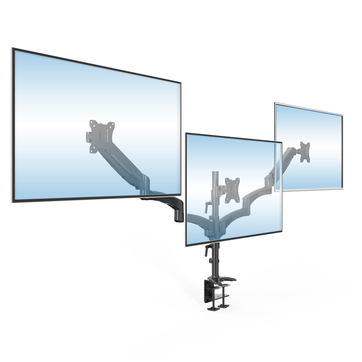 Triple Monitor Mount with Gas Spring Arms Triple Monitor Mount with Gas Spring Arms showing adjustable steel arms and clamp base securely holding three monitors side by side, designed for smooth height adjustments, tilt, swivel, and rotation for ergonomic workspace organization and reduced glare.