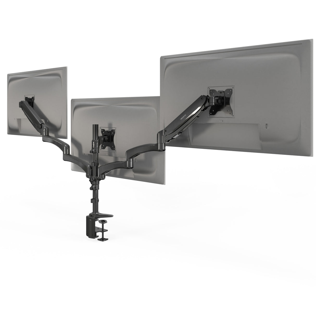 Triple Monitor Mount with Gas Spring Arms Triple Monitor Mount with Gas Spring Arms supporting three screens side by side, featuring adjustable tilt, swivel, and rotation for ergonomic positioning, sturdy clamp-on base for secure attachment to desks, and durable steel construction designed to hold monitors up to 32 inches for efficient workspace organization and comfort.