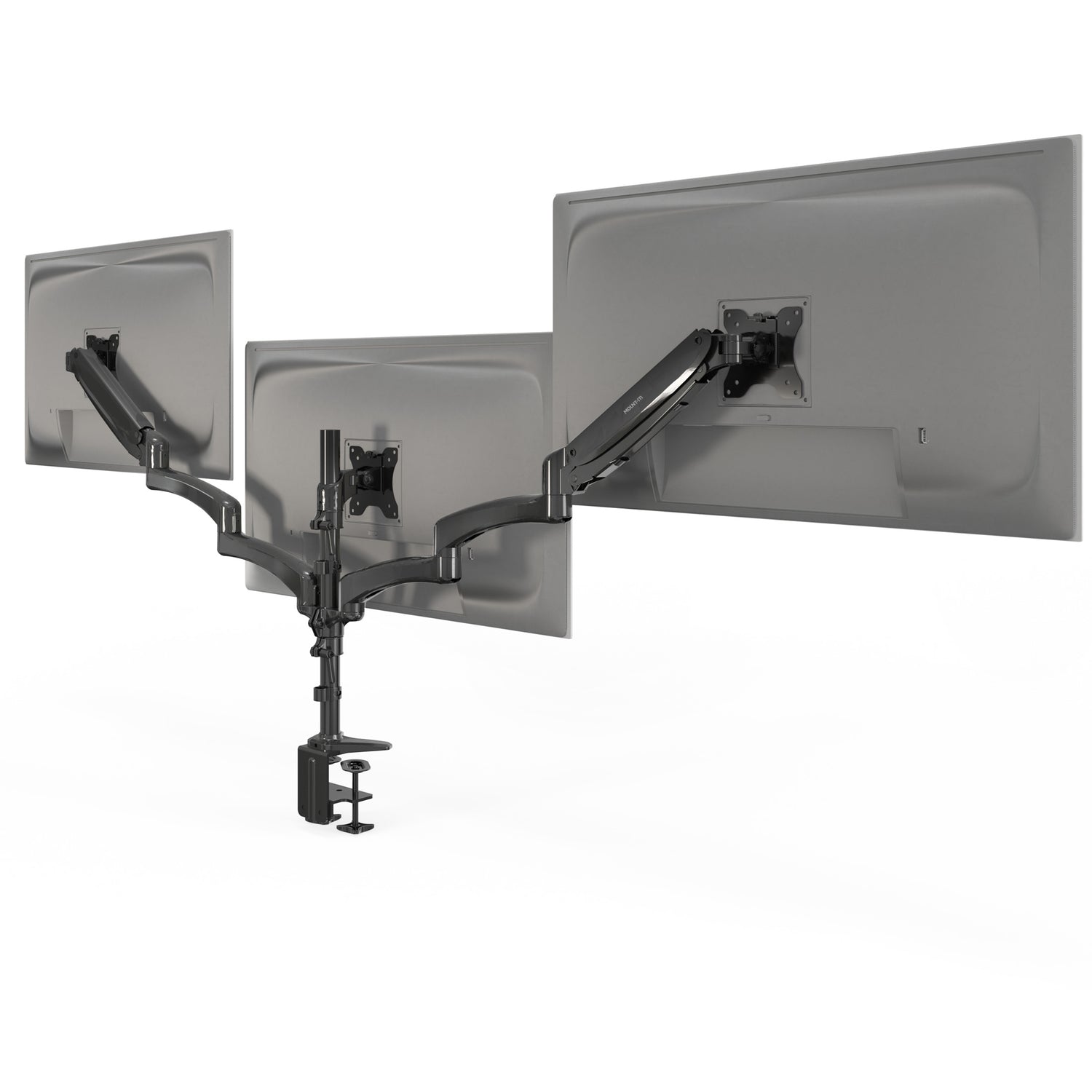 Triple Monitor Mount with Gas Spring Arms supporting three screens side by side, featuring adjustable tilt, swivel, and rotation for ergonomic positioning, sturdy clamp-on base for secure attachment to desks, and durable steel construction designed to hold monitors up to 32 inches for efficient workspace organization and comfort.